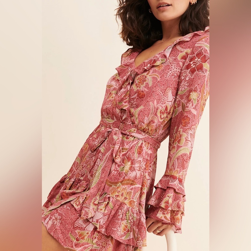 Anthropologie BTFL Floral Mini Dress Ruffle Pink XL Bell Sleeve Boho Western
